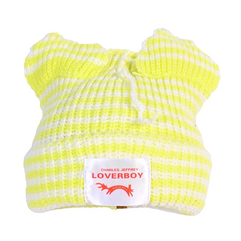 Damen Gestrickte Mütze mit Ohrenklappen und Streifen Niedliche Katze Ohrenschützer Mütze Winterlich Warm Weich Pullover Mütze