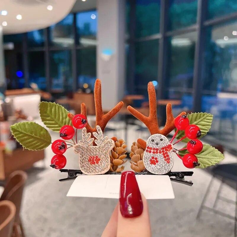 New Year Christmas Gift Kawaii Red Hair Pin Children Barrettes Bow Deer Santa Claus Kids Headwear Girls Kids Hair Accessories