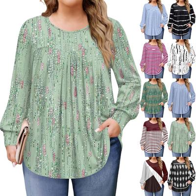 Womens Plus Size Tops Long Sleeve Shirts Round Neck Flowy Tunic Casual Loose Blouse L-5X