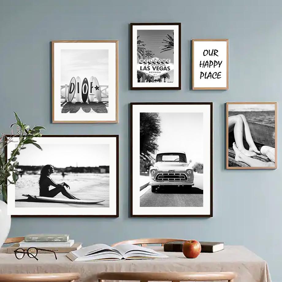 Schwarz und Weiß Wandkunst Meereslandschaft Leinwanddruck Poster Strandmädchen Surfbrett Malerei Landschaft Tropische Palme Bilder Heimdekor