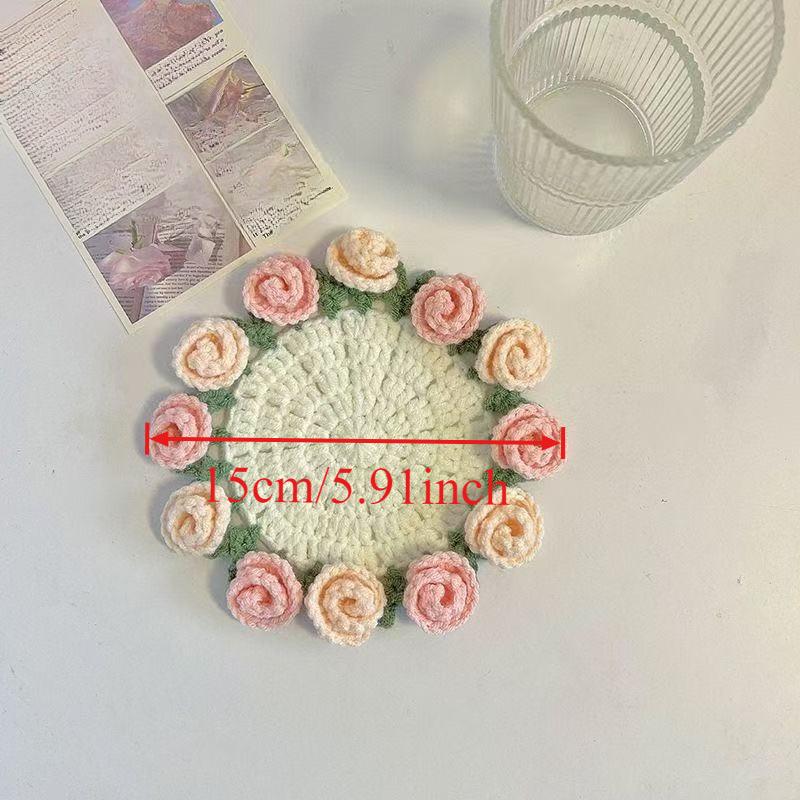 1PC Handmade Crochet Rose Coaster DIY Knitted Flower Insulated Cup Mat Mini Bouquet Creative Design Gift for Home Office Decor