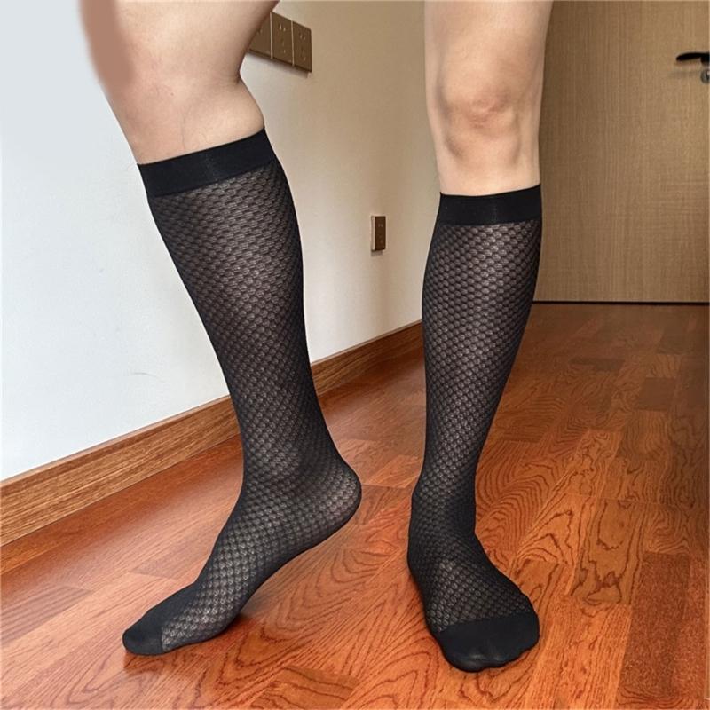 Men Thin Business Dress Socks Stretchy Nylon Sheer Knee Highs Dress Socks Over the Calf Dress Socks Sheer Casual Socks