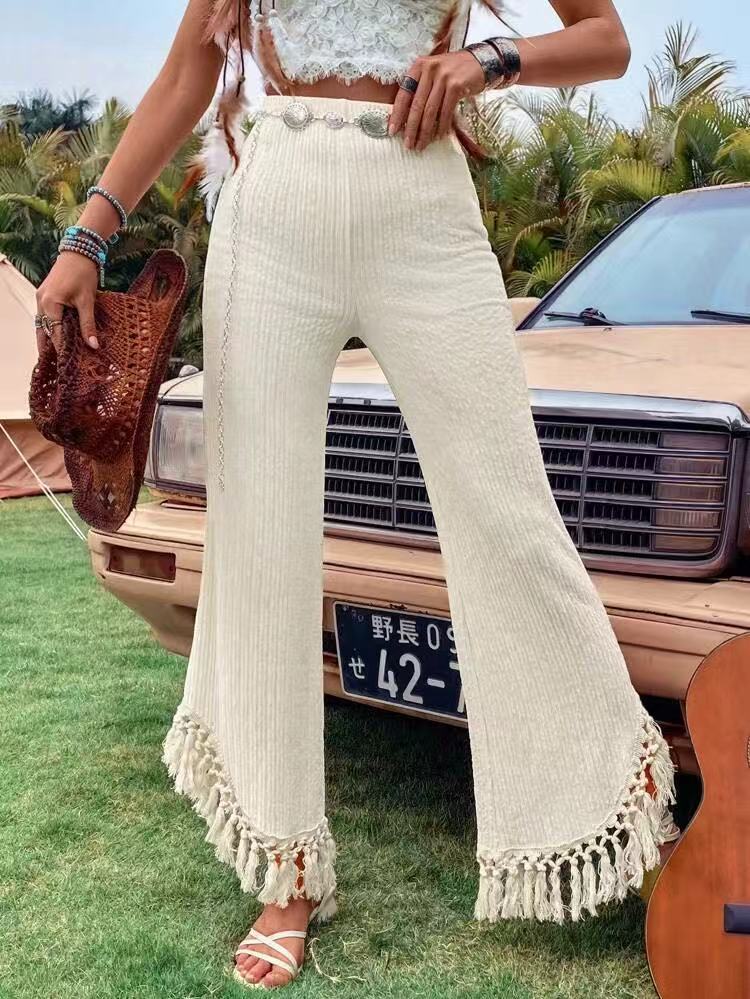 European and American style high waist fringed wide-leg pants women s summer loose casual trousers resort style design pants S