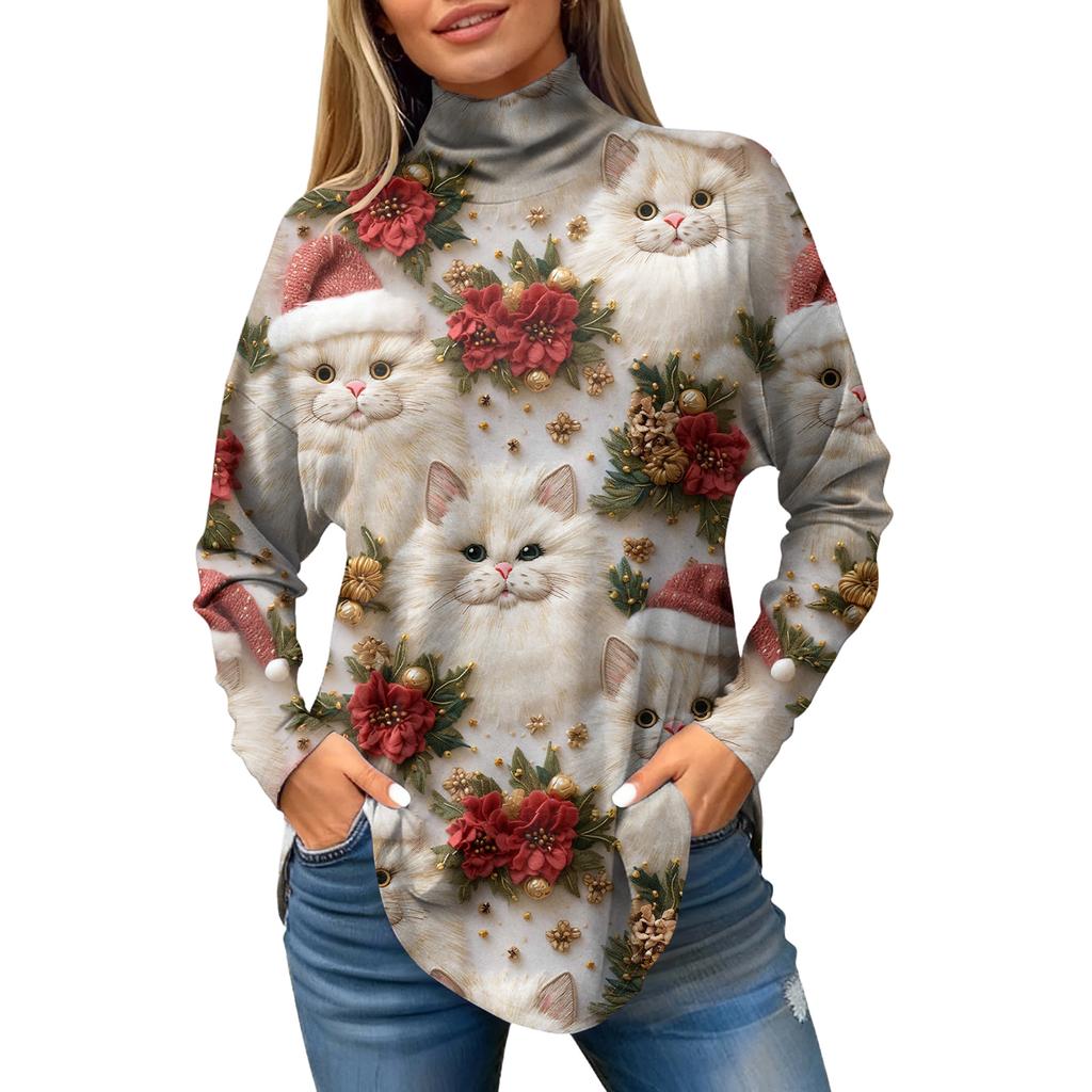Damen Herbst Casual Langarmshirts Sweatshirt Vintage Bedrucktes High Neck Top Pullover