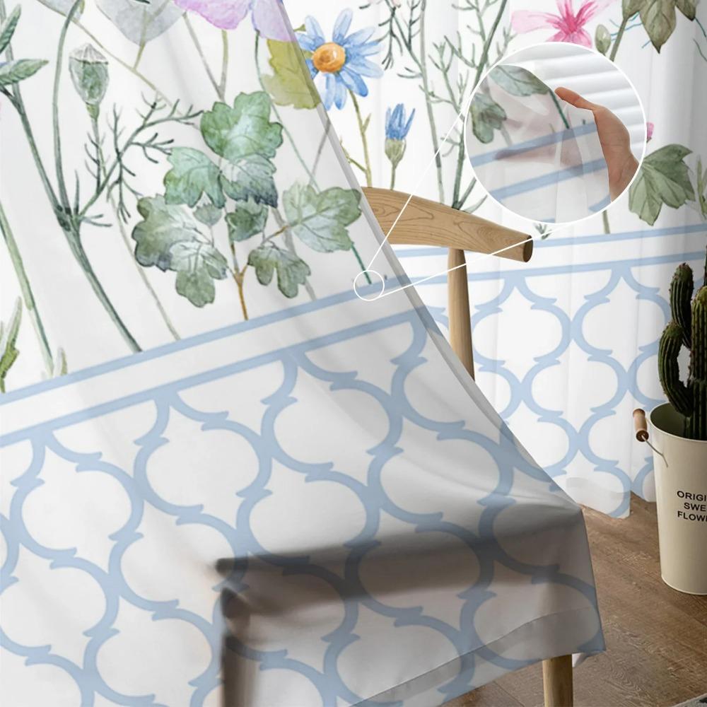 Cortinas Transparentes Blancas Puras Florales de Flores Silvestres de la Temporada de Primavera de Marruecos Azul para Sala de Estar Ornamentación Panel de Ventana Cortina Cocina Tul Transparente