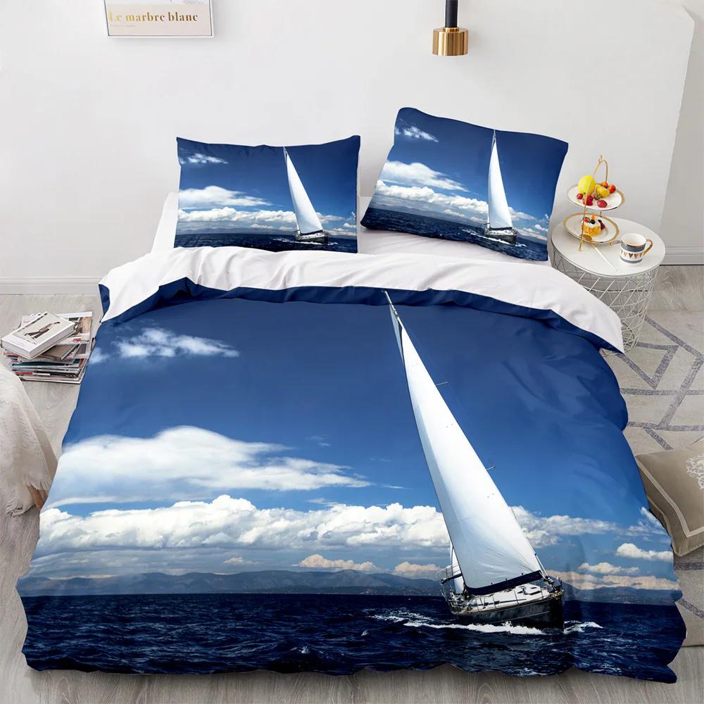 Vintage Sailboat Duvet Cover Nautical Ocean For Children Teen Adult Ship Fire Black Retro Style Polyester Quilt Cover Room Decor