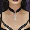 Collana Choker Vampiro Gotico in Velluto Nero con Ciondolo Ankh Spada Croce Colore Argento per Uomini Donne Halloween Gioielli Stregoneria