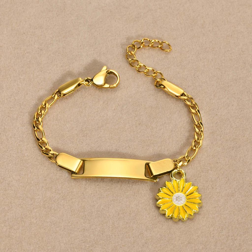 Customized Engrave Name Bracelet for Little Boy Girl, Charms Flower Bracelet, Personalized Stainless Steel Chain