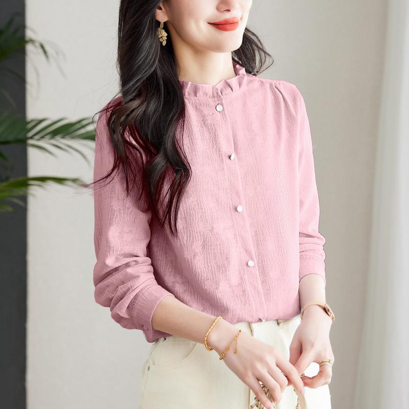 Spring New Style Black Ear-side Stand-up Collar Women's Jacquard Shirt Design Style Versatile Niche Long-sleeved Top