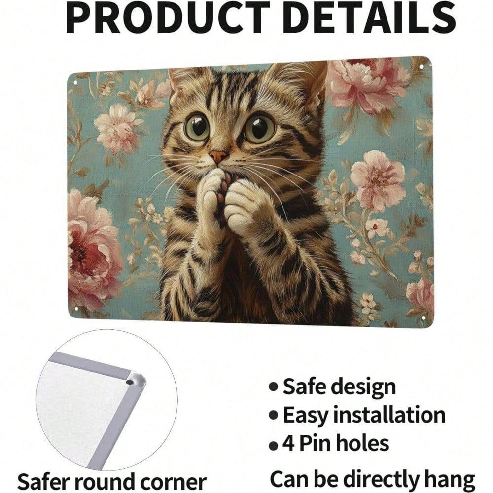 Tin Wall Art Metal Sign 8x12 Inch Funny Cat Covering Mouth Vintage Home Decor Poster Cafe Bar Office
