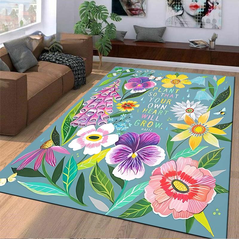 Floral Pattern Carpet with "Plant So That Your Heart Will Grow" Quote Suitable for Use As an Anti-slip for Living Room Bedroom Sofas