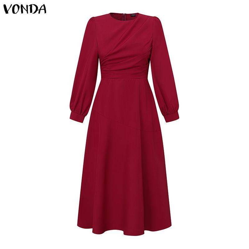 VONDA Elegant Women Casual  Round Neck Long Sleeve Front Pleated Long Swing Dress