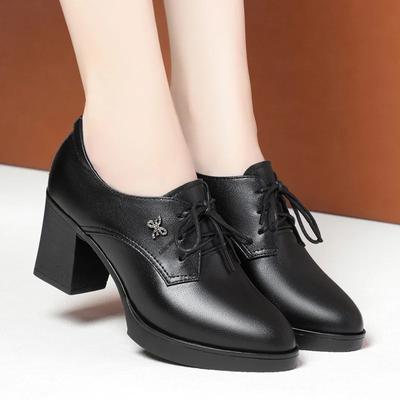 Scarpe Singole con Tacco Grosso e Lacci da Donna Tacchi Alti Scarpe da Donna Nuove Punta a Punta a Scavo in Vera Pelle Scarpe da Festa/Lavoro da Donna