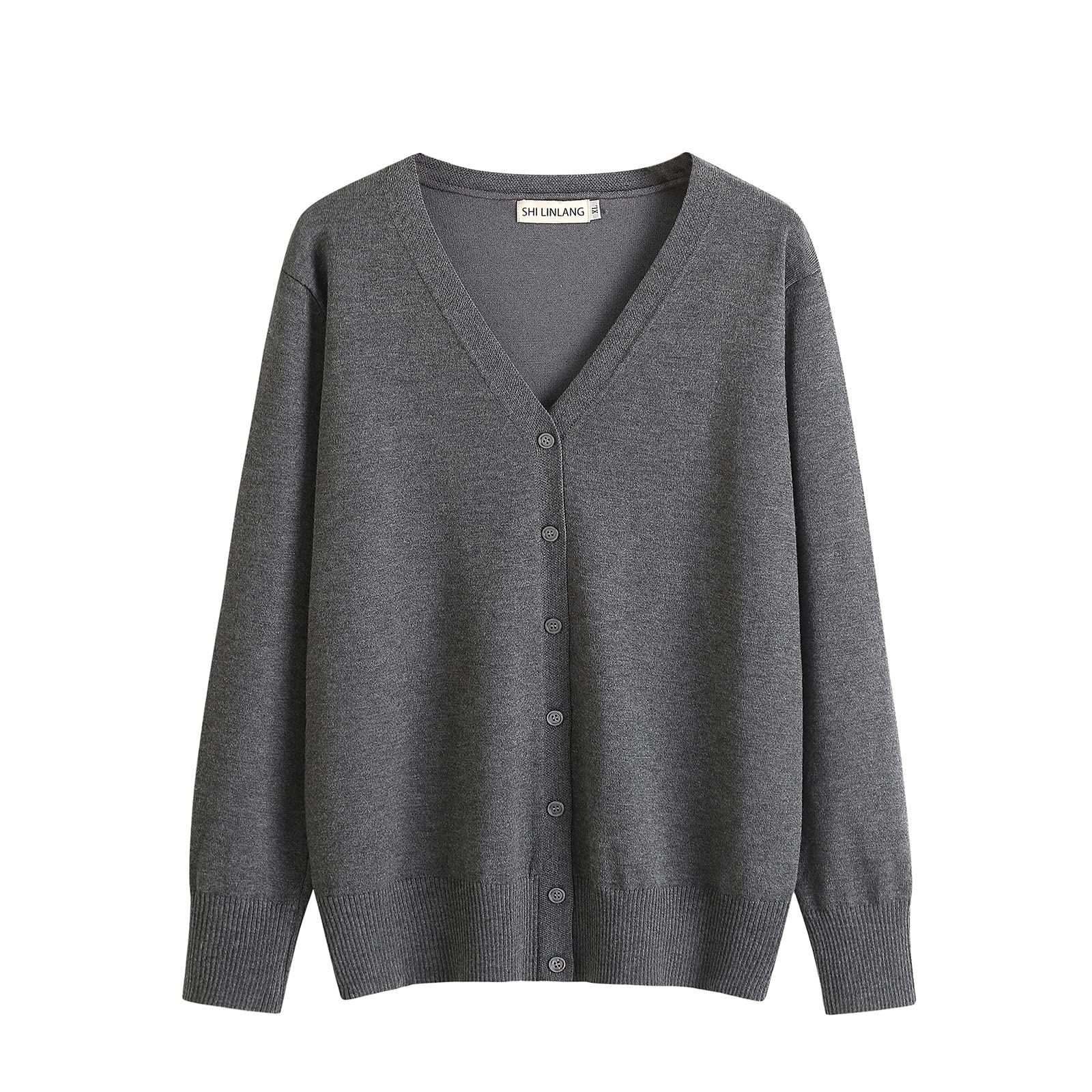 

Blostirno Вязаный Однотонный Свободный Идеально по Размеру Женский Кардиган с V-образным вырезом, Цвет, Толстый, Посадка, Офис, Весна/Осень (Темно-серый, L)