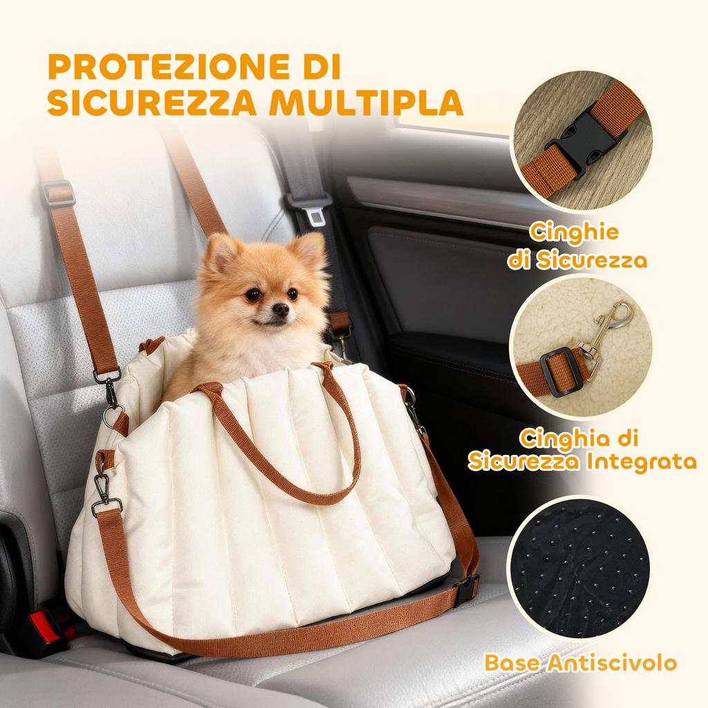 Small Dog Car Seat with Leash and Non-Slip Base, Convertible to Pet Bag, Cream
