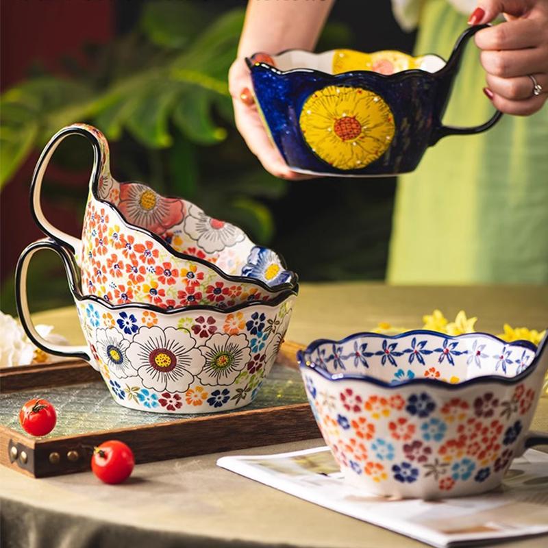 Hand Painted Japanese Handle Bowl New Ceramic Baking Bowl Instant Noodles Bowl Salad Bowl Household Tableware Baking Bowl Househ