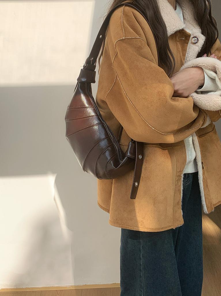 Vintage Coffee Colored Cow Horn Bag, Women's Armpit Bag, New Fashionable and Versatile Crossbody Bag, Dumpling Bag