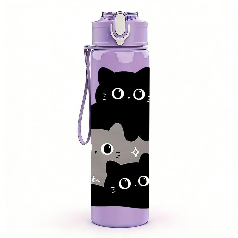 1PC Stacked Cute Black Cat Cartoon Print 750ml Color Plastic Sports Water Bottle Leakproof Flip Straw Lid Suitable for Sports Office Home Use