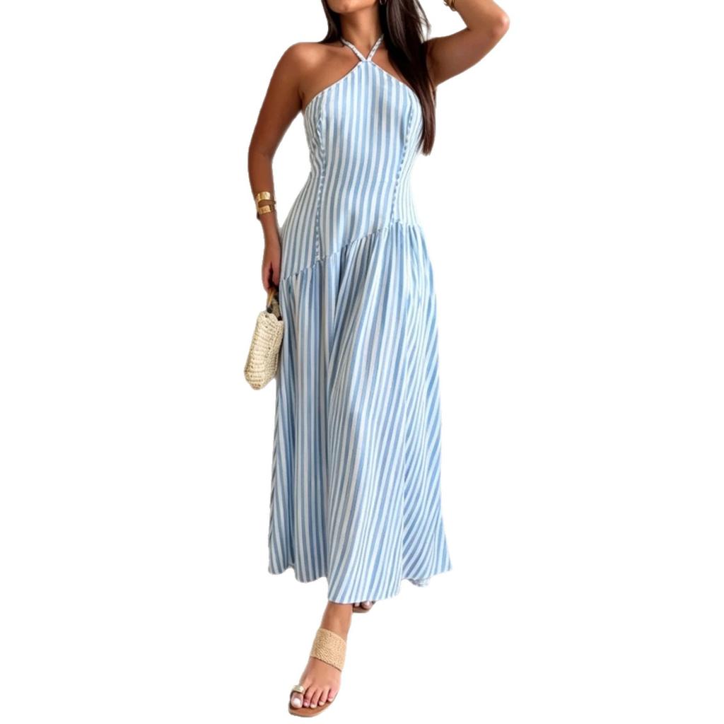 2026 New European and American Cross-border Women's Leisure Vacation Style Elegant Striped Neck Strap Backless Long Dress