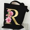 26 Golden Alphabet Floral Tote Bags for Women Large Capacity Canvas Casual New Flower Alphabet Printed Female Reusable Handbag