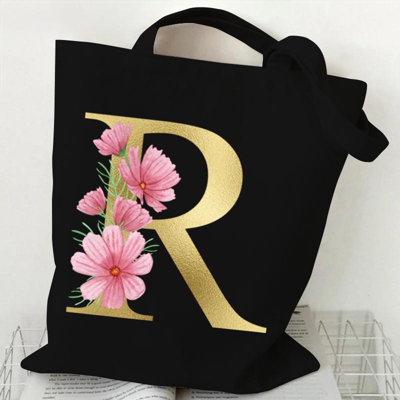 26 Golden Alphabet Floral Tote Bags for Women Large Capacity Canvas Casual New Flower Alphabet Printed Female Reusable Handbag