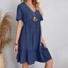 Vestido Feminino Casual de Verão com Manga Curta, Solto, Moda, Elegante, Linha A, Plissado, Liso, Tamanho Plus, Simples, Vintage, para Férias, Praia 26315