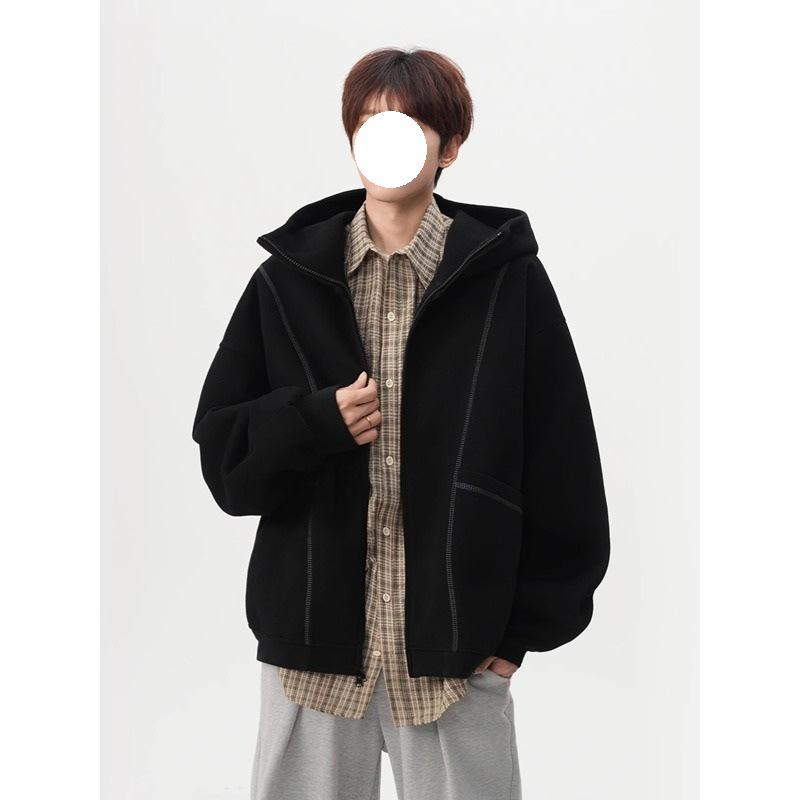 Men's Heavyweight Deconstructed Air Layer Cardigan Hoodie - Autumn/Winter Trendy Stitching Casual Outerwear.