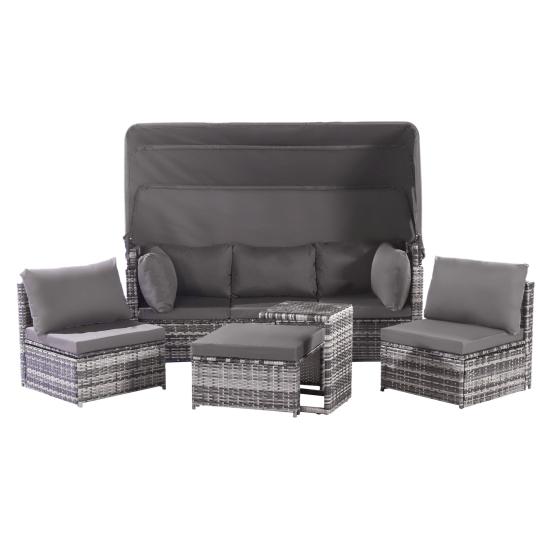 Rattan Sun Island Seating Set, Sofa with Canopy, Footrest, Armchairs, and Table, Outdoor Garden Furniture, Lounge Furniture for Balconies and Gardens,
