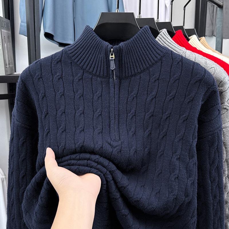 Men's Light Luxury Cable Knit Half-Zip Sweater with Stand Collar - Business Casual Autumn/Winter Outerwear