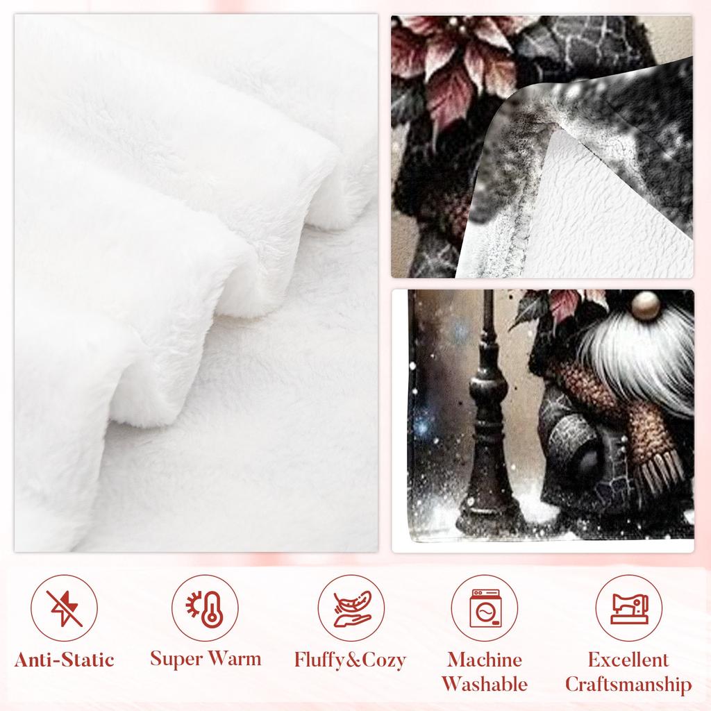 Vintage Gnome Street Lamp Flannel Throw Blanket Dark Christmas Gnome Snowy Scene Soft Sofa Bed Decor Blanket