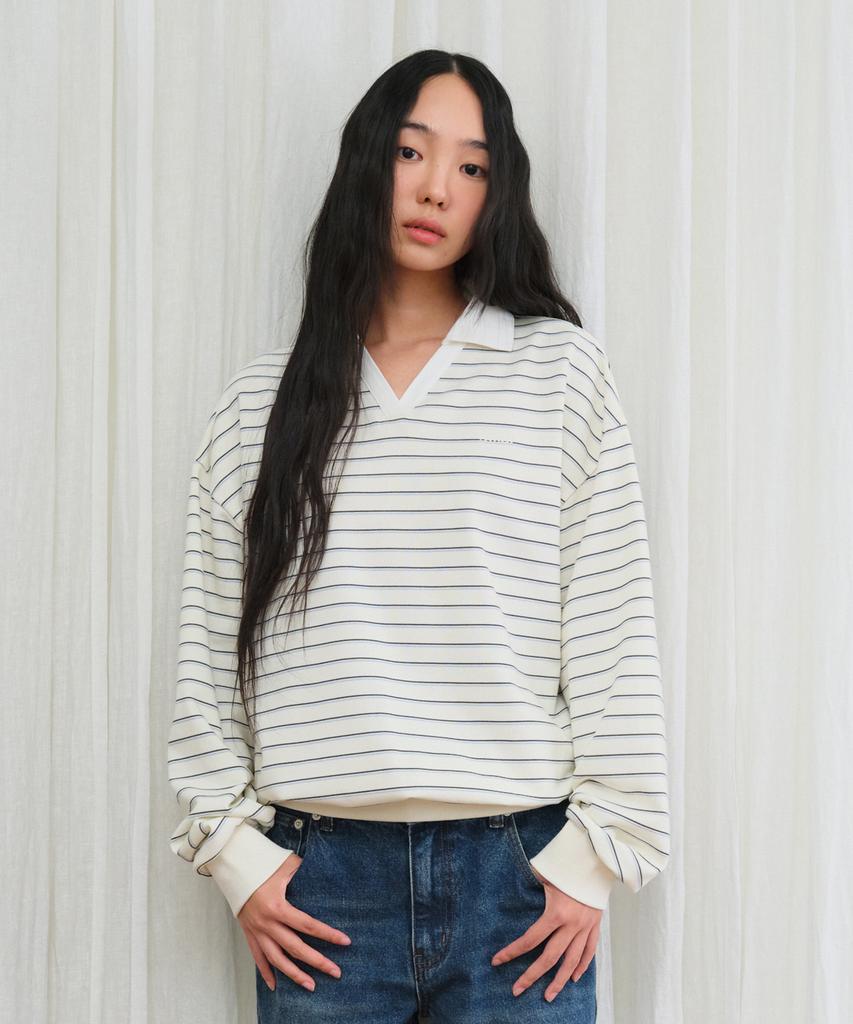 AMES-WORLDWIDE V Neck Collar Stripe Sweatshirt Ivory
