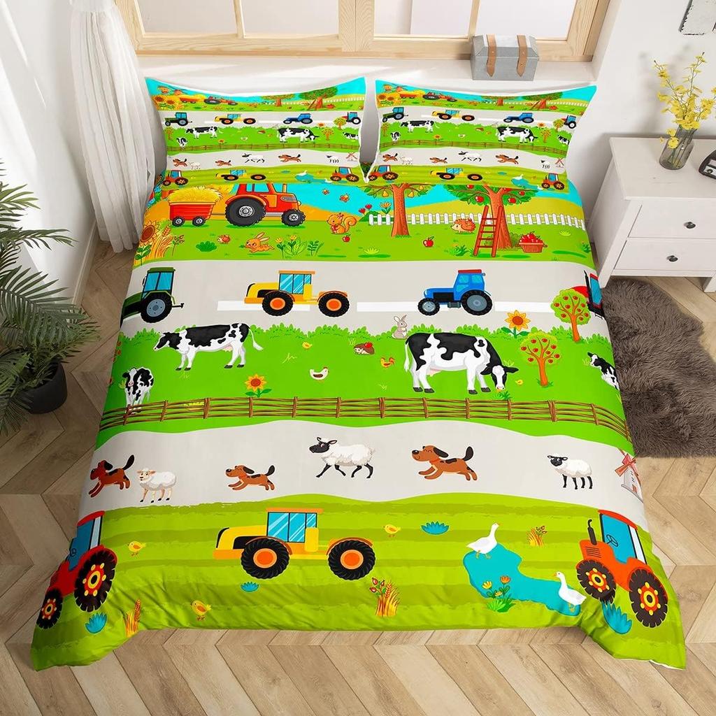 Comforter Cute Cartoon Farm Animal Truck Tractor Bedding Set Farmhouse Country Cozy Comforter For Boys Teen Room Decor