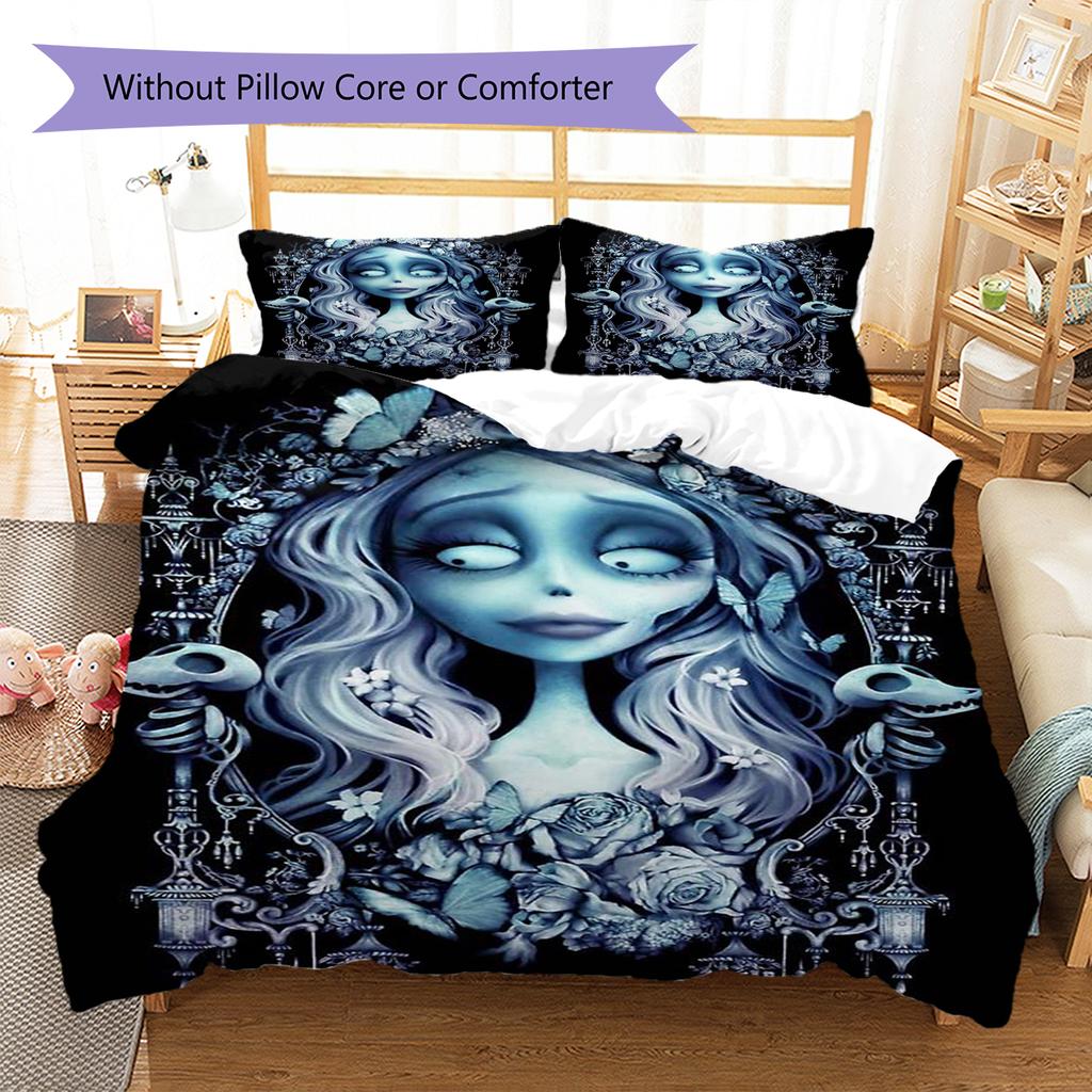 Corpse Bride Cartoon Pattern Bedding Quilt Set Quilt Cover Pillowcase Home Decoration Gift (1 * Duvet Cover + 2 * Pillowcase, Without Core)