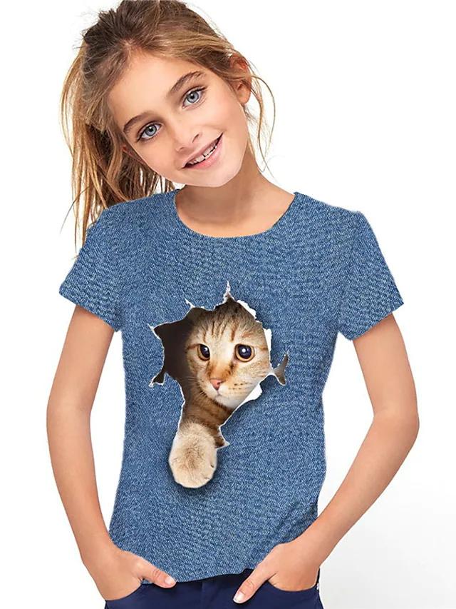Cat Print T-shirt, Summer Casual Short Sleeved Round Neck Top for Children and Girls, As A Gift Top