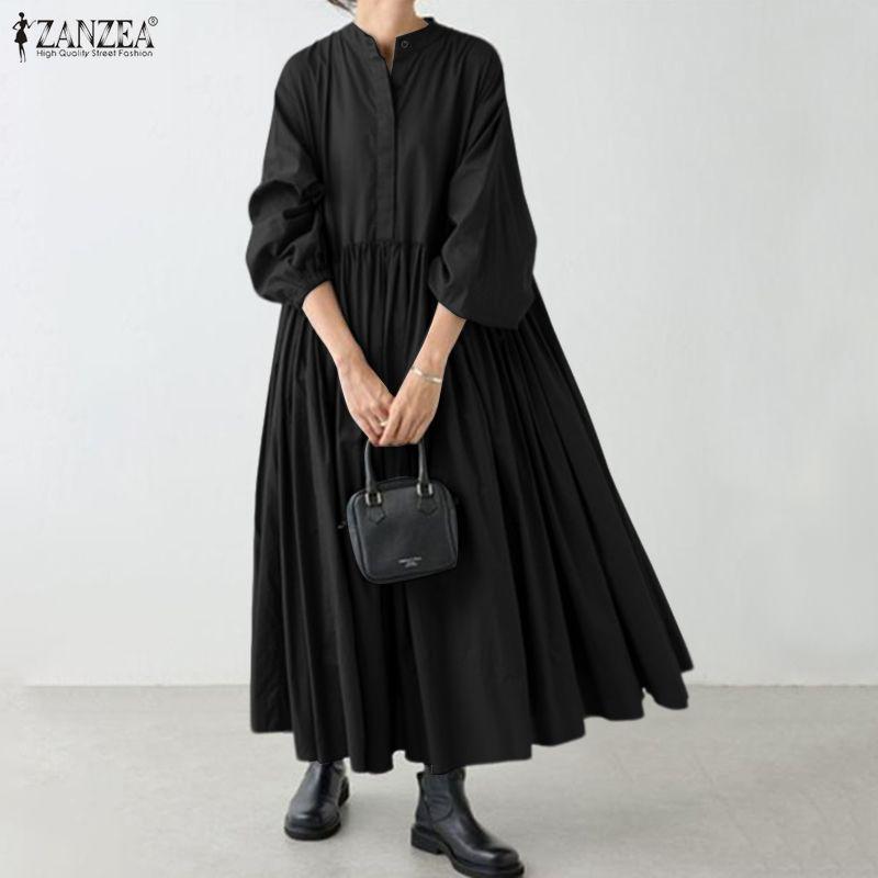 

ZANZEA Женское повседневное платье с круглым вырезом, однотонное, свободного кроя, с длинным рукавом 4XL чёрный