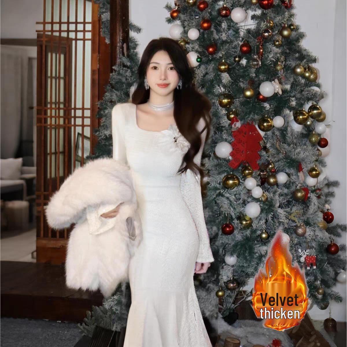 2025 French White Square Neck Mermaid Dress - Autumn/Winter Gentle Christmas Slim Fit Style XXL белый