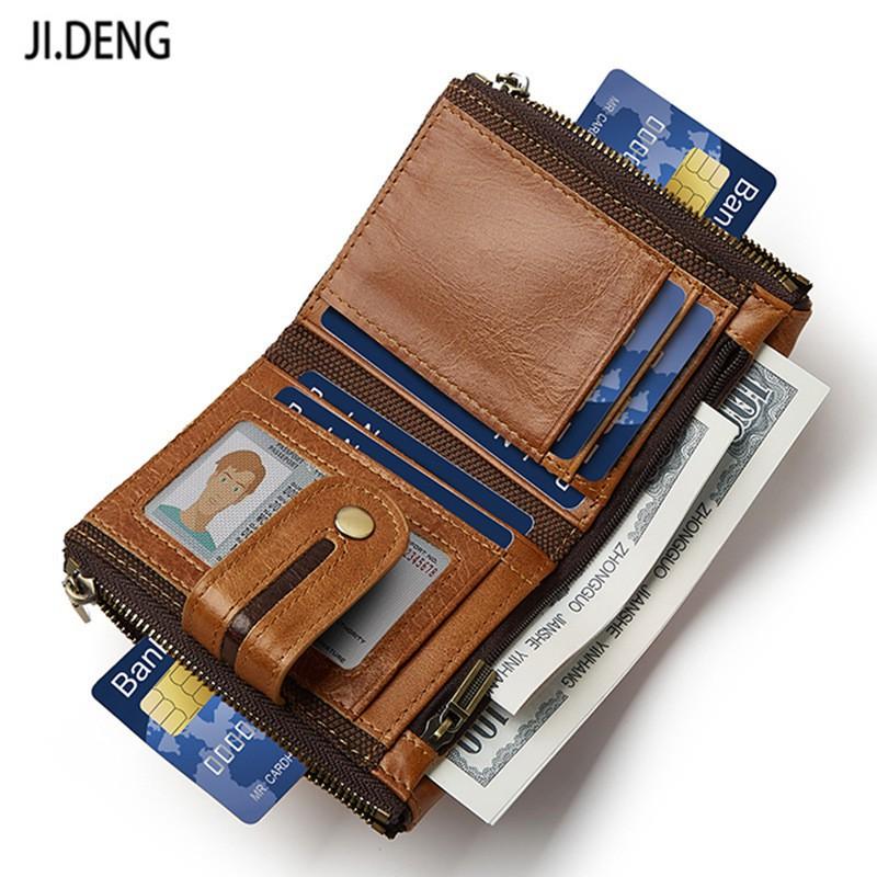 Men's Short Leather Zipper Coin Purse European American Retro Cowhide RFID Anti-theft Brush Wallet