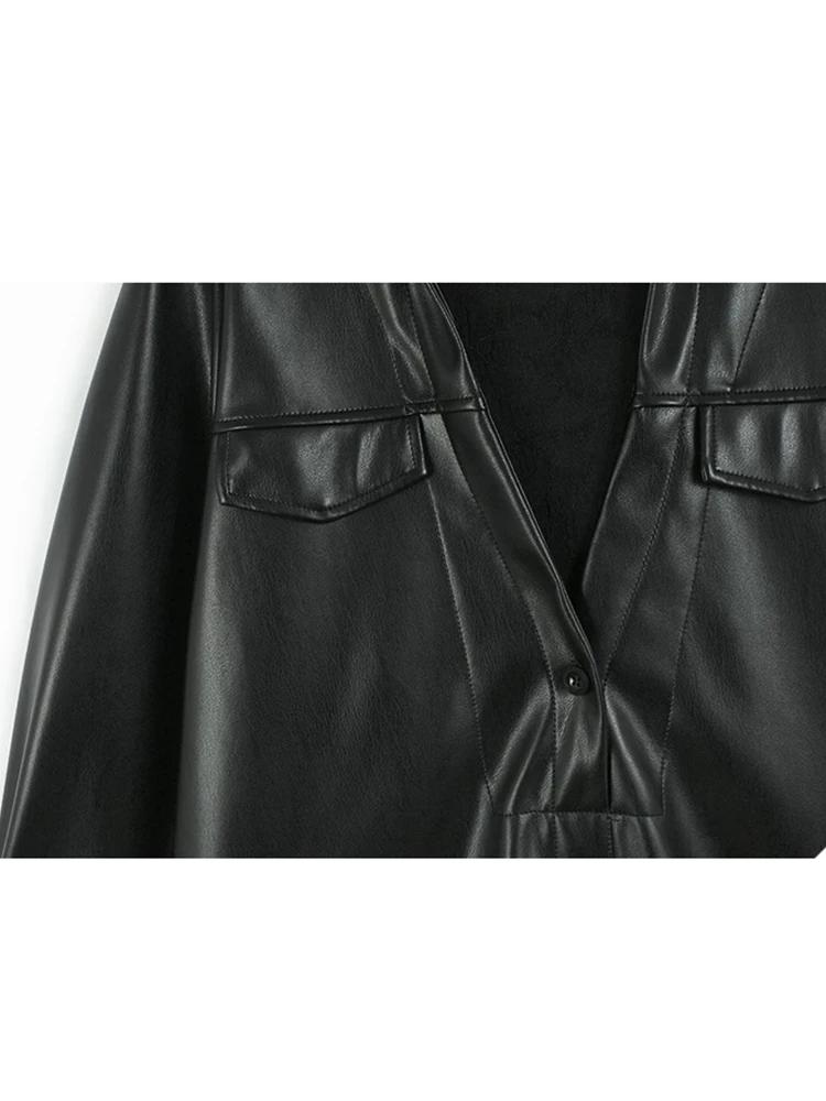 Xitao Patchwork Mesh Single Breasted PU Women Dress GMM1171