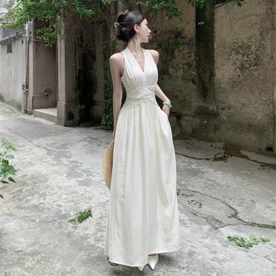 French Collar Neck Sleeveless Dress Women's Summer Temperament Waist Thin Long Dress Gentle Vacation Fairy Dress