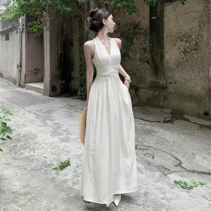 French Collar Neck Sleeveless Dress Women's Summer Temperament Waist Thin Long Dress Gentle Vacation Fairy Dress