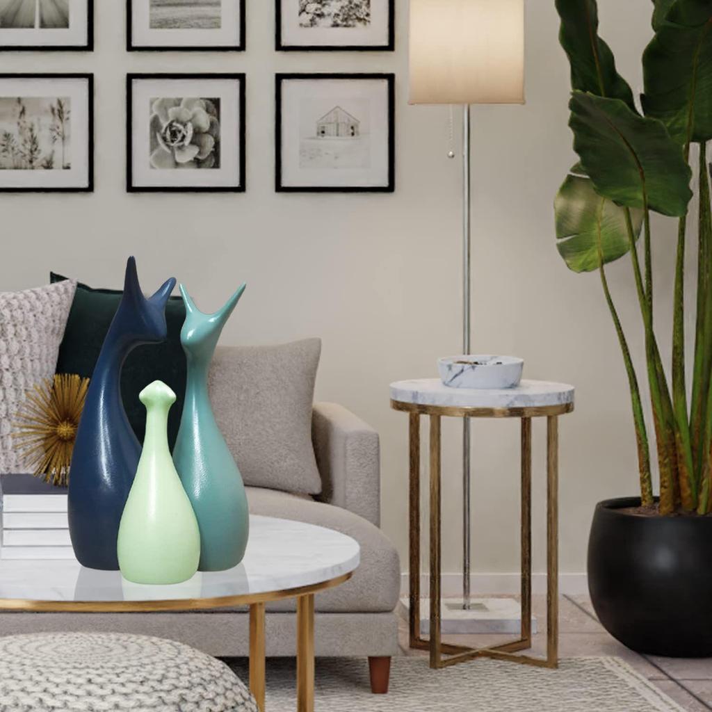 Heminredning Lycklig Hjortfamilj Staty Keramiska Figurer - (Set om 3, Marinblå, Citrongul och Ljusgrön)