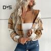 Fall Winter Women Jacket Color Matching Plaid Print Long Sleeve Lapel Single breasted Pockets Thick Cardigan Vintage Lady Coat