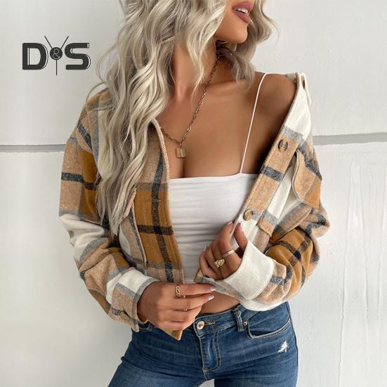 Fall Winter Women Jacket Color Matching Plaid Print Long Sleeve Lapel Single breasted Pockets Thick Cardigan Vintage Lady Coat
