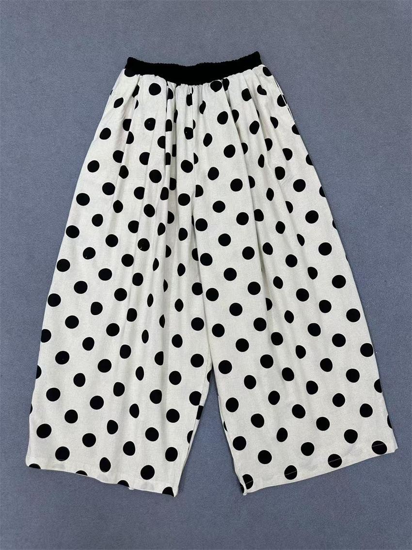

Johnature Japanese Lazy White Polka Dot Wide Leg Pants Women Summer Thin Loose Casual Cropped Pants One Size чёрный