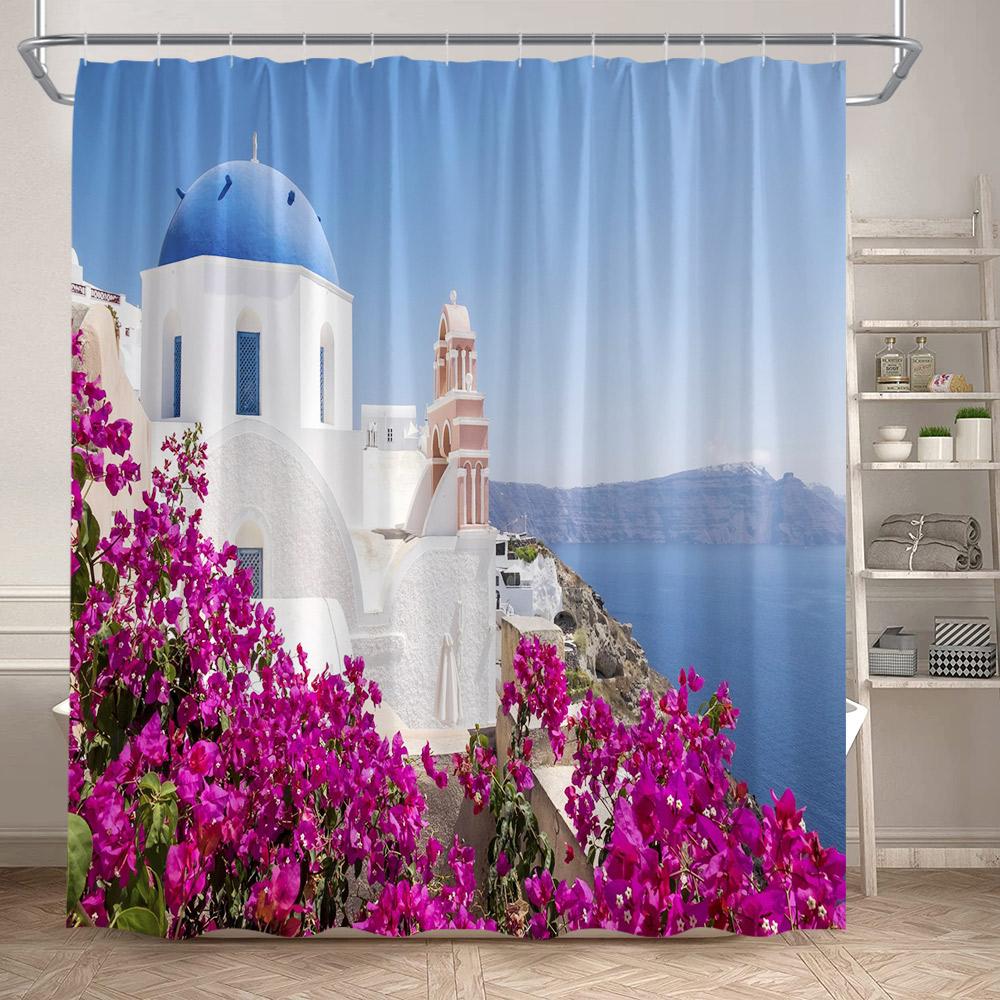 Seaside Townscape Shower Curtain Mediterranean Blue White Architectural Natural Flowers Ocean Polyester Bathroom Curtains Decor