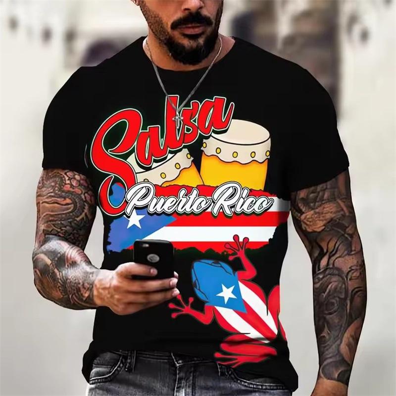 Summer Round Neck Puerto Rico Flag Pattern 3D Print Top Fashionable Casual Short Sleeved Men's T-shirts