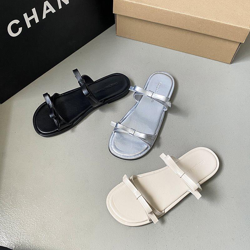 2025 with new bow open-toed children wear French skirt spring and summer half slippers flat shoes one-word belt