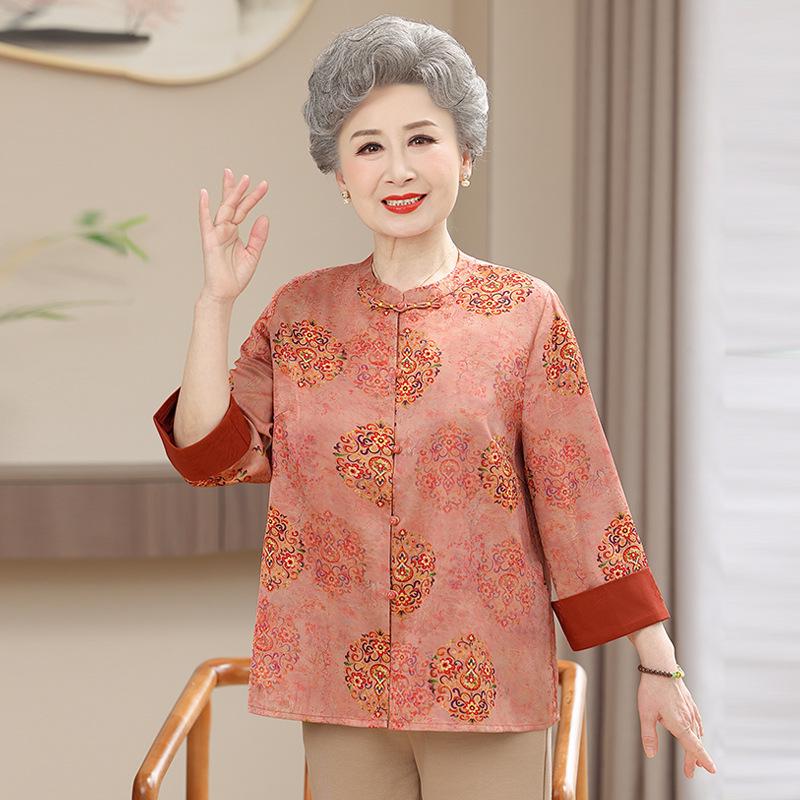 Elegant Chinese-Inspired Jacquard Frog Button Shirt for Middle-Aged Women