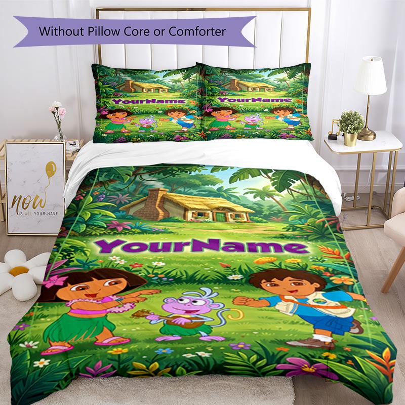 Dora Explorer Customize Your Name Bedding Set Breathable Duvet Cover with Pillowcases Home Decoration Birthday Gift