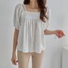 Sommer Koreanische Bluse Hohl Haken Blume Blase Ärmeln Elegante Square Neck Nettes Hemd für Frauen